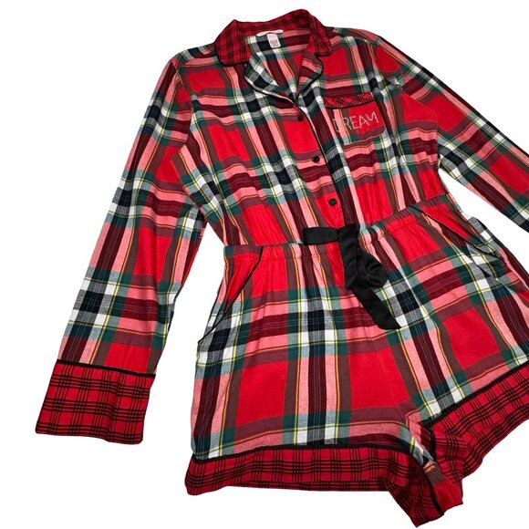 Victoria's Secret Elsa Red Plaid Flannel Sleep Romper SZ M Lounge Christmas - Picture 5 of 16
